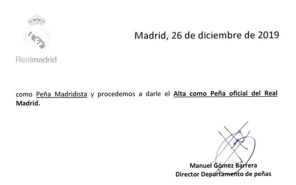 Excerpt from Real Madrid's letter dated 26 December 2019 granting Peña Madridista Bangladesh official peña status, signed by Manuel Gómez Barrera, Director of the Peñas Department