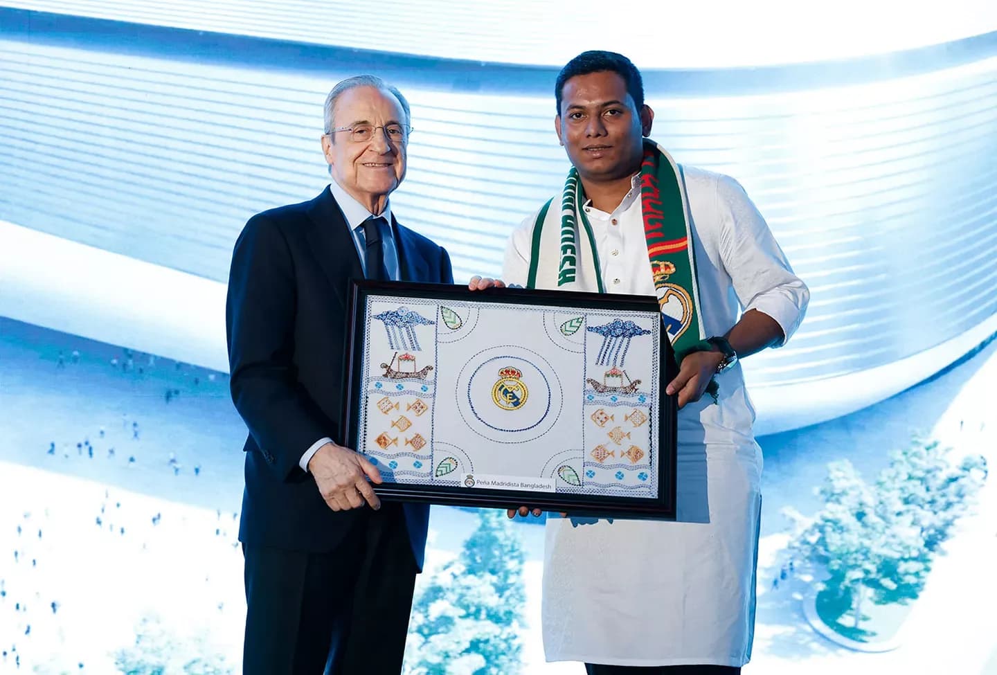 Peña Madridista Bangladesh presents Nakshi Kantha to Real Madrid president
