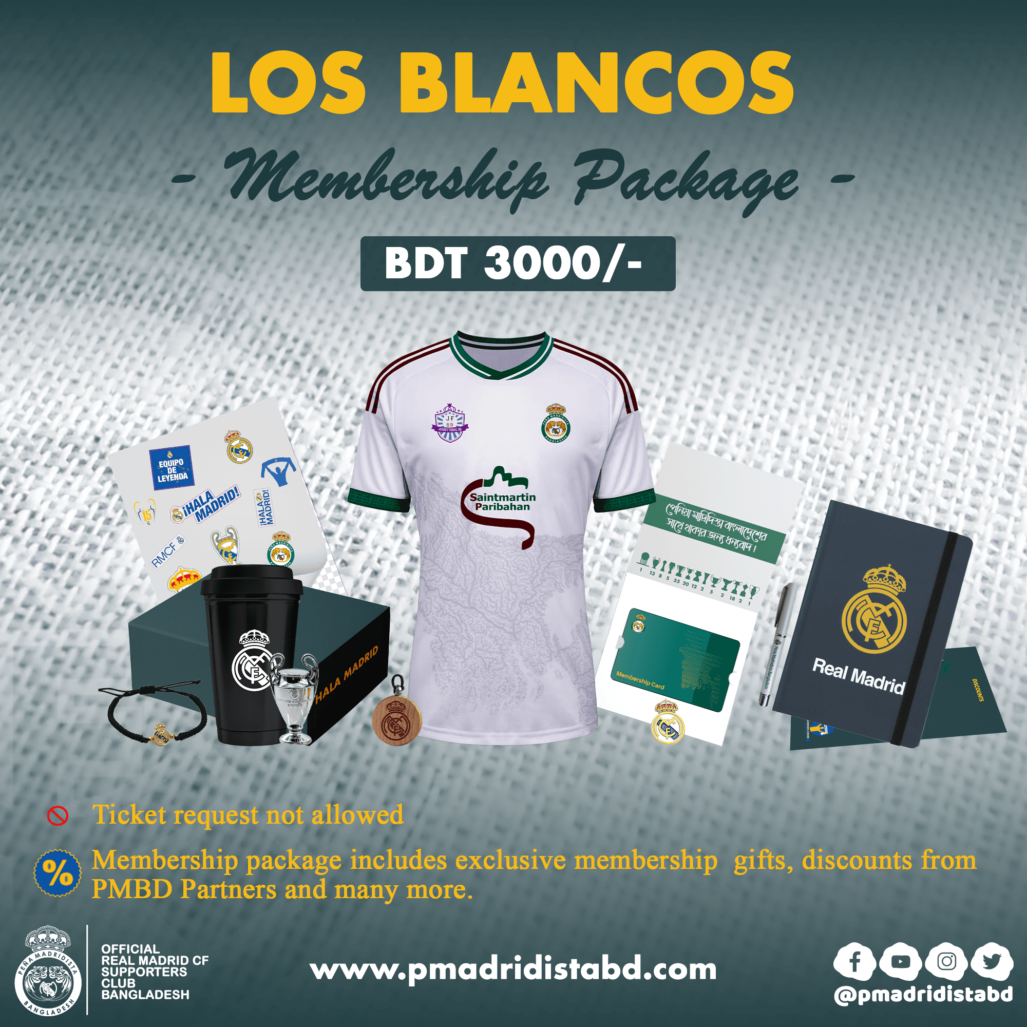 Paquete Los Blancos: Membership card (valid until June 2027), Metal Sticker, UCL Mini Trophy, Thermal Coffee Cup, Stickers, Pen, PMBD Jersey, Notepad, Key Ring, Bracelet