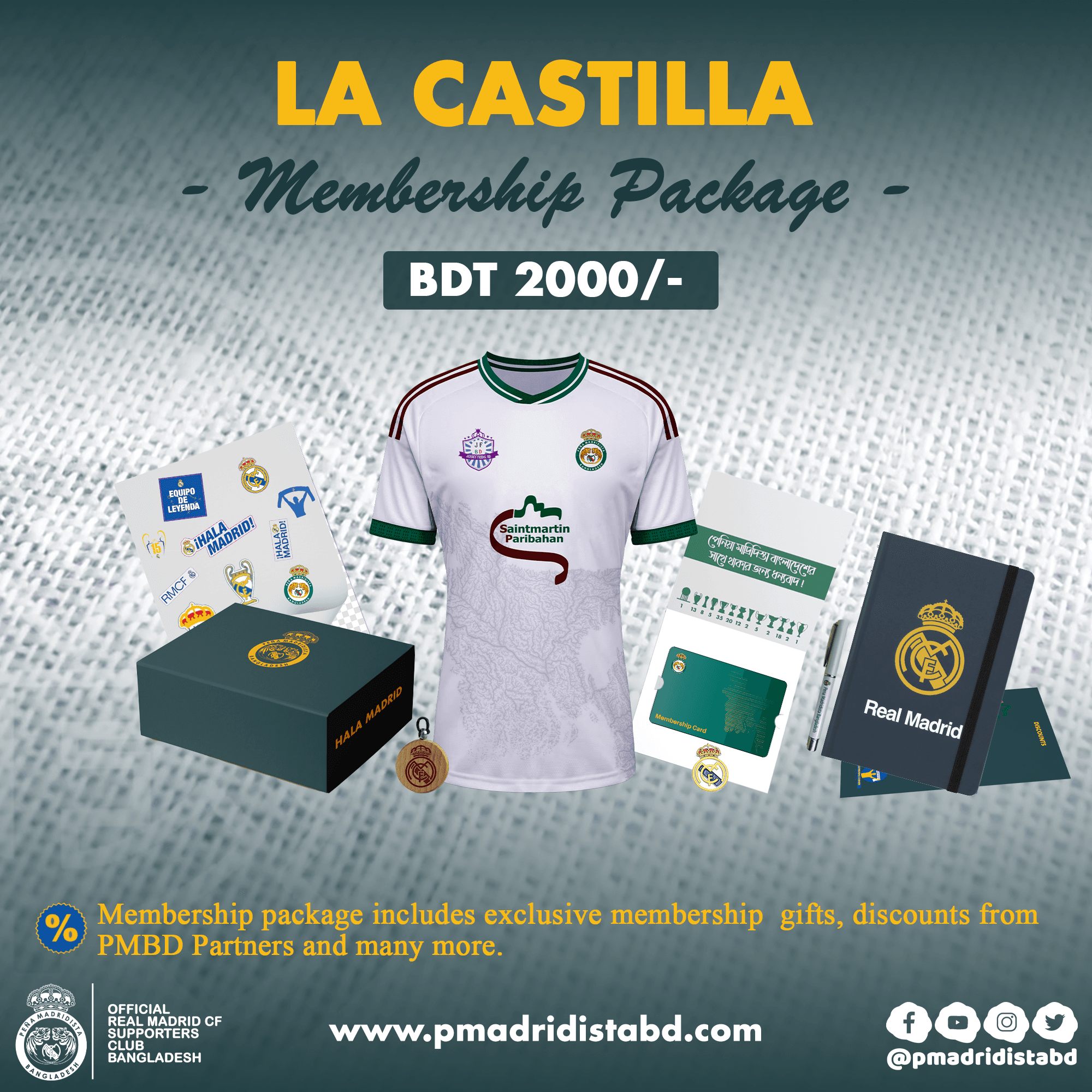 Paquete La Castilla: Key Ring, Pen, Stickers, Metal Sticker, Membership card (valid until June 2027), Notepad, PMBD Jersey