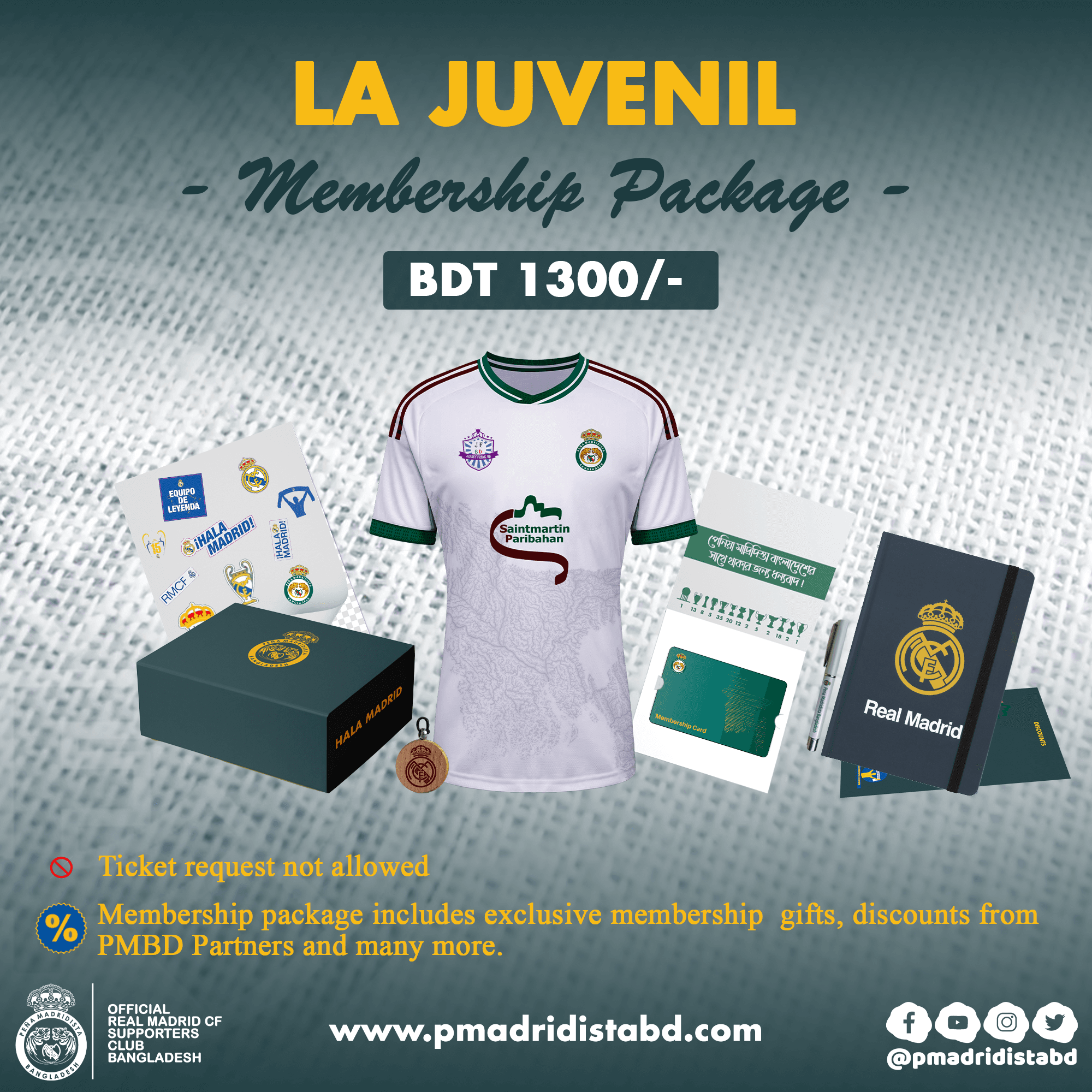 Paquete La Juvenil: Stickers, Notepad, Pen, Membership card (valid until June 2027), PMBD Jersey, Key Ring